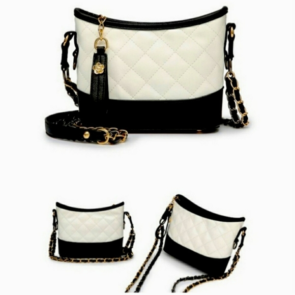 Handbags - Diamond Quilted Shoulder Bag Black and White Vegan Leather